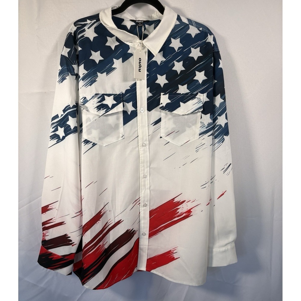 Ouku shirt size 4XL patriotic long‎ sleeve pockets button up flag